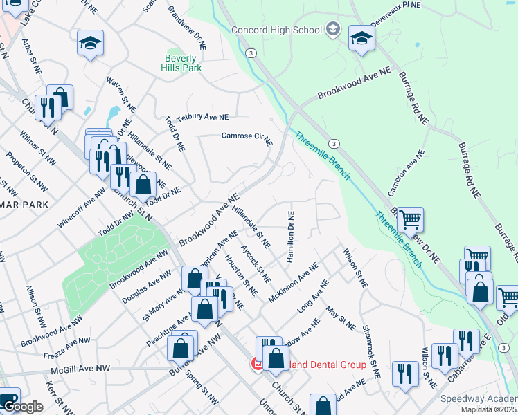 map of restaurants, bars, coffee shops, grocery stores, and more near 153 Madison Avenue Northeast in Concord
