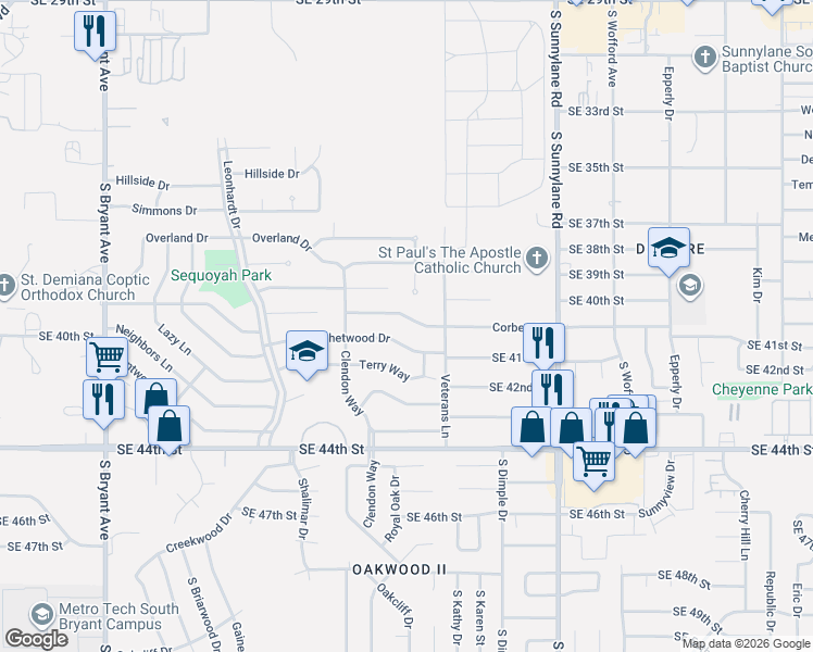 map of restaurants, bars, coffee shops, grocery stores, and more near 3900 Chetwood Drive in Del City