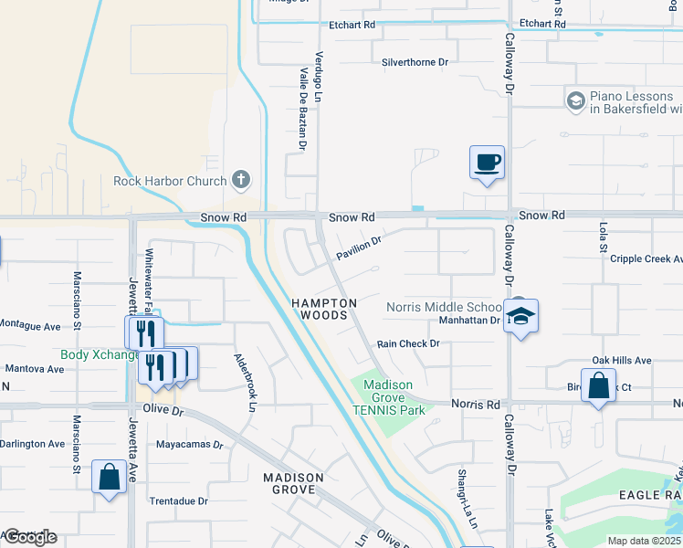 map of restaurants, bars, coffee shops, grocery stores, and more near 7201 Carnegie Court in Bakersfield