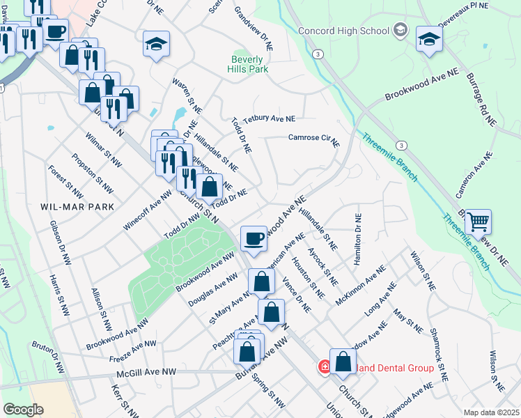 map of restaurants, bars, coffee shops, grocery stores, and more near Carolina Avenue Northeast in Concord
