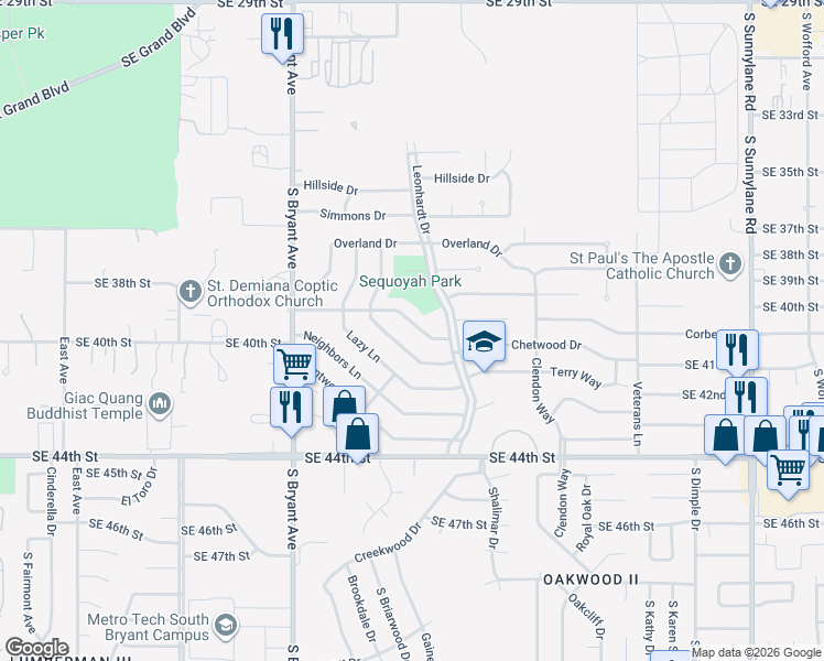 map of restaurants, bars, coffee shops, grocery stores, and more near 3221 Chetwood Drive in Del City