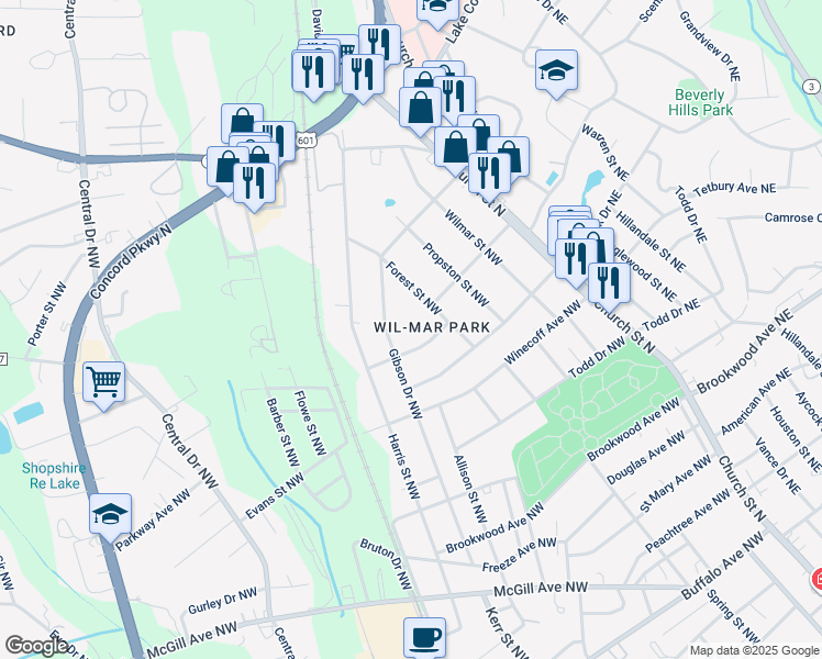 map of restaurants, bars, coffee shops, grocery stores, and more near Phifer Avenue Northwest in Concord