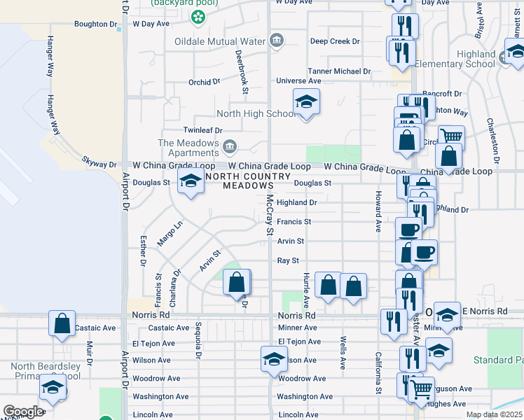 map of restaurants, bars, coffee shops, grocery stores, and more near 2029 McCray Street in Bakersfield