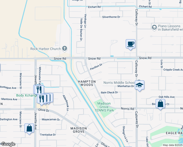 map of restaurants, bars, coffee shops, grocery stores, and more near 7201 Carnegie Court in Bakersfield