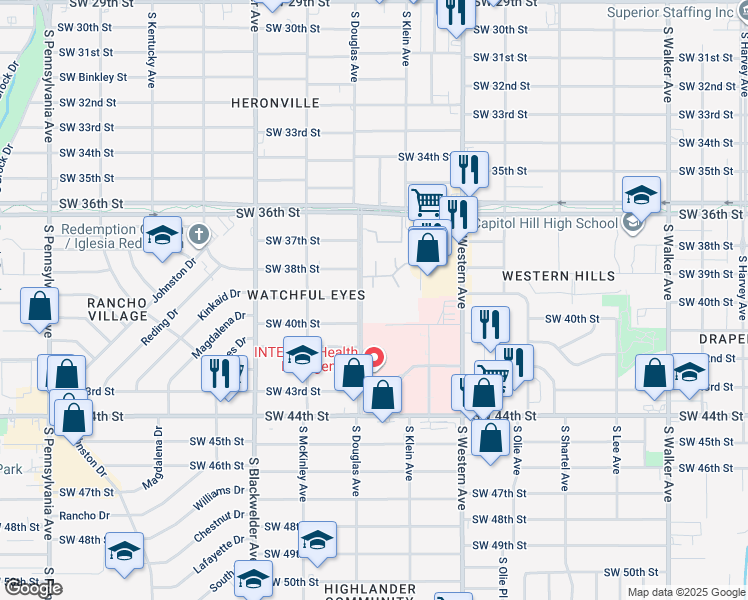 map of restaurants, bars, coffee shops, grocery stores, and more near 1031 Southwest 38th Street in Oklahoma City
