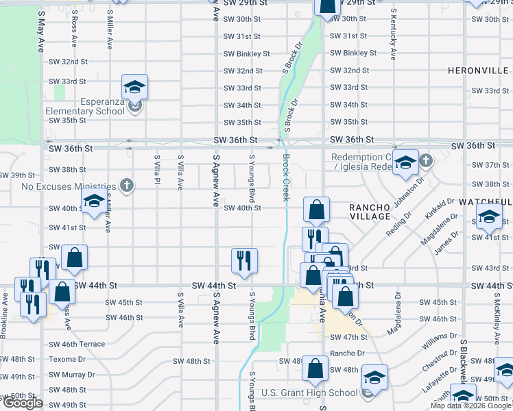 map of restaurants, bars, coffee shops, grocery stores, and more near 4001 South Youngs Boulevard in Oklahoma City