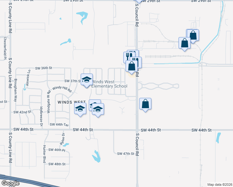 map of restaurants, bars, coffee shops, grocery stores, and more near 3812 Windscape Court in Oklahoma City