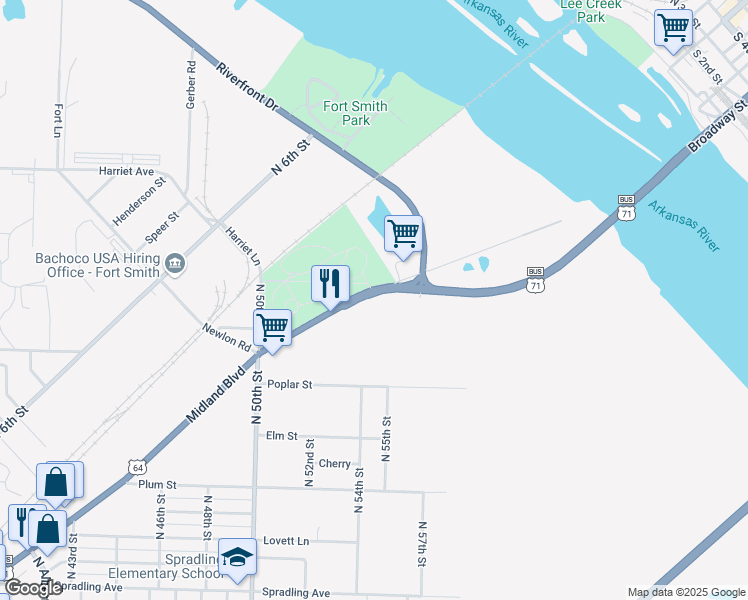 map of restaurants, bars, coffee shops, grocery stores, and more near 5518 Midland Boulevard in Fort Smith