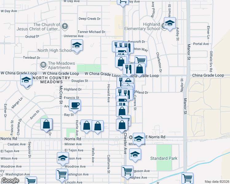 map of restaurants, bars, coffee shops, grocery stores, and more near 118 Highland Drive in Bakersfield