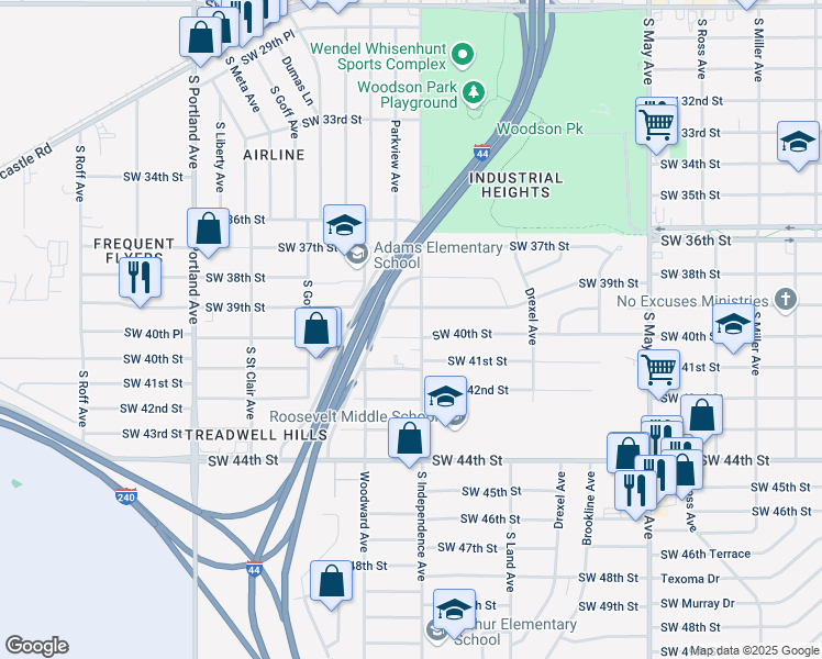 map of restaurants, bars, coffee shops, grocery stores, and more near 3308 Southwest 39th Street in Oklahoma City