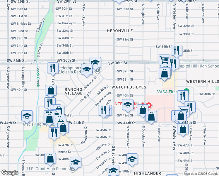 map of restaurants, bars, coffee shops, grocery stores, and more near 1236 Southwest 38th Street in Oklahoma City