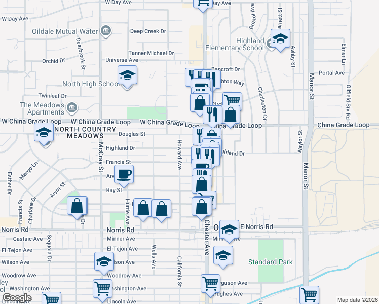 map of restaurants, bars, coffee shops, grocery stores, and more near 118 Highland Drive in Bakersfield