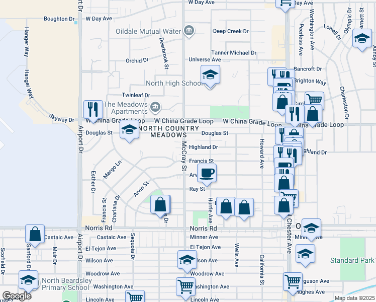map of restaurants, bars, coffee shops, grocery stores, and more near 438 Highland Drive in Bakersfield