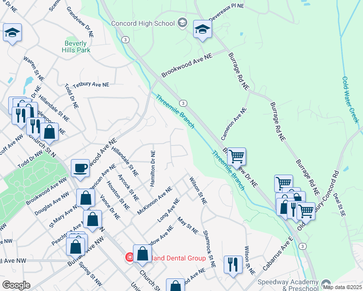 map of restaurants, bars, coffee shops, grocery stores, and more near 1530 Daley Circle Northeast in Concord