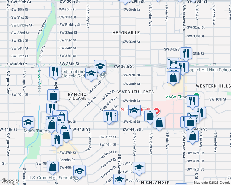 map of restaurants, bars, coffee shops, grocery stores, and more near 1236 Southwest 38th Street in Oklahoma City