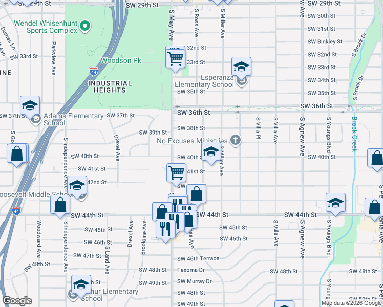 map of restaurants, bars, coffee shops, grocery stores, and more near 2832 Southwest 39th Street in Oklahoma City