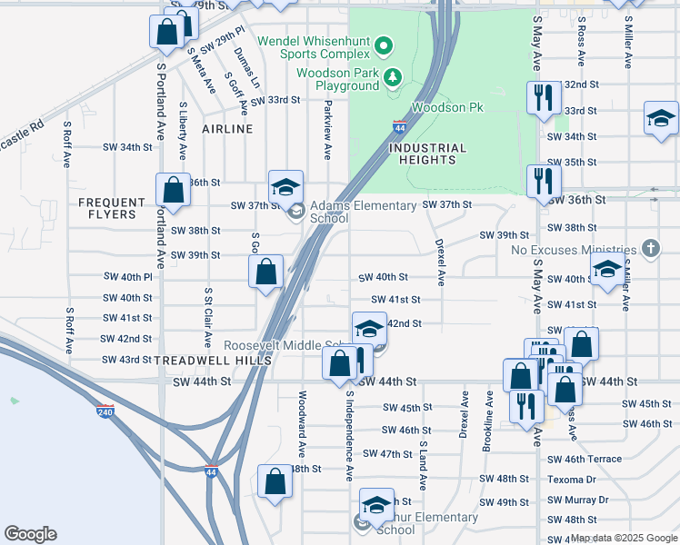 map of restaurants, bars, coffee shops, grocery stores, and more near 3308 Southwest 39th Street in Oklahoma City