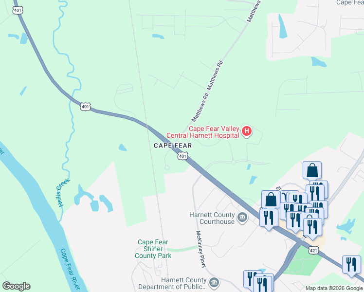 map of restaurants, bars, coffee shops, grocery stores, and more near 2300 U.S. 401 in Lillington