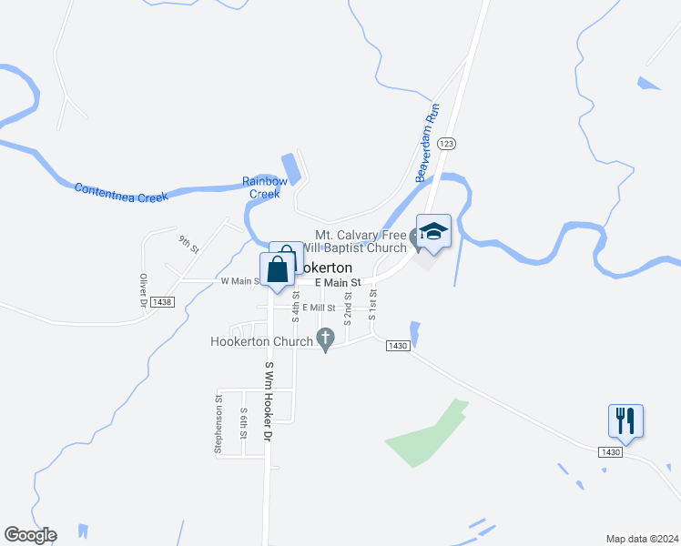 map of restaurants, bars, coffee shops, grocery stores, and more near 311 East Main Street in Hookerton