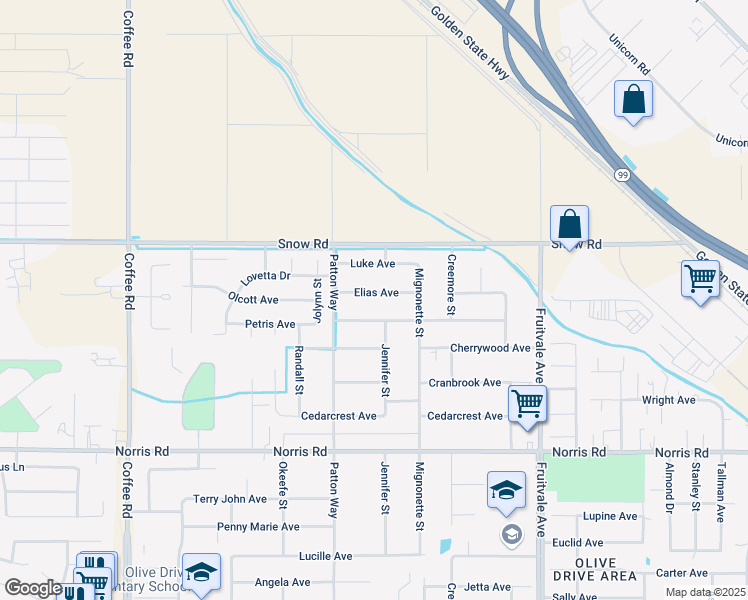 map of restaurants, bars, coffee shops, grocery stores, and more near 7116 Elias Avenue in Bakersfield