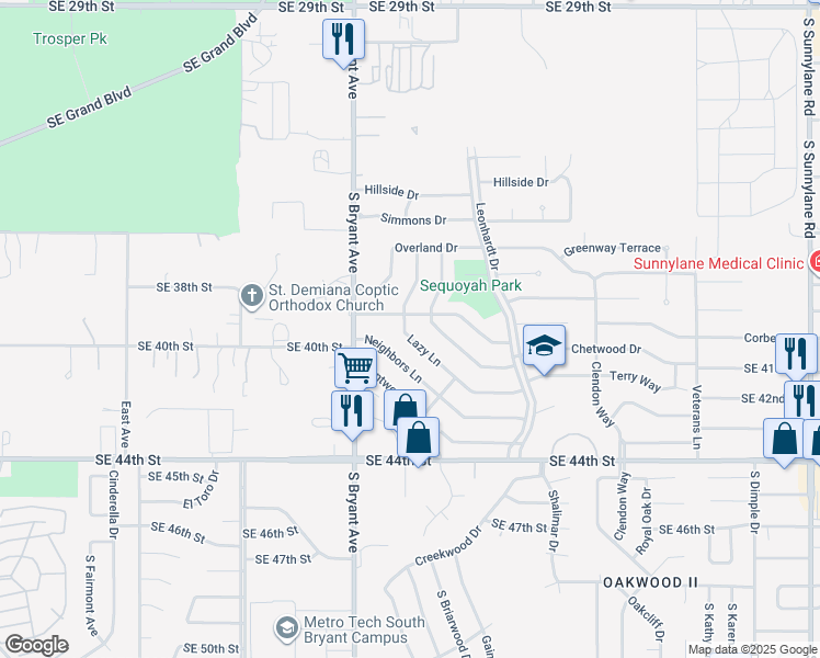 map of restaurants, bars, coffee shops, grocery stores, and more near 3109 Lazy Lane in Del City