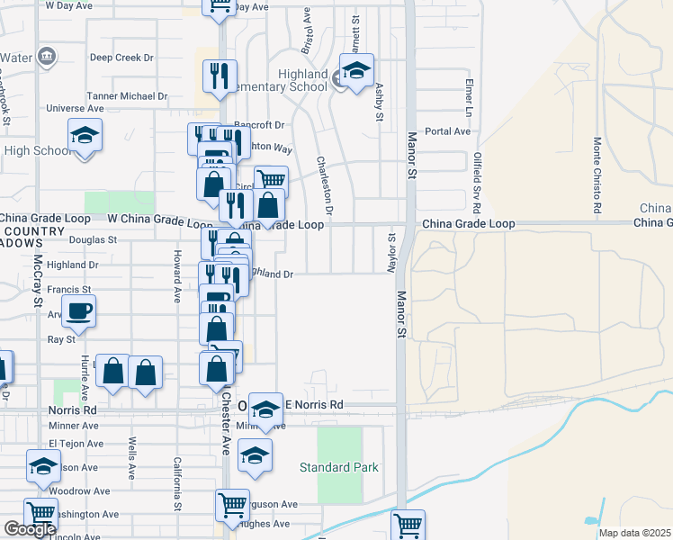 map of restaurants, bars, coffee shops, grocery stores, and more near 2104 Watson Street in Bakersfield