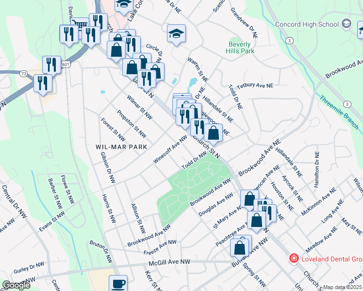 map of restaurants, bars, coffee shops, grocery stores, and more near 584 Wilmar Street Northwest in Concord