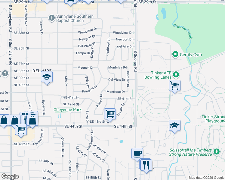 map of restaurants, bars, coffee shops, grocery stores, and more near 4012 Oakbrook Drive in Del City