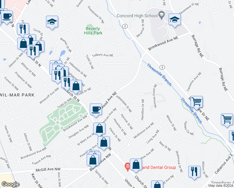 map of restaurants, bars, coffee shops, grocery stores, and more near 134 Brookwood Avenue Northeast in Concord