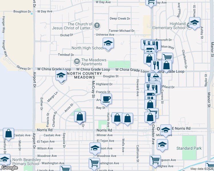 map of restaurants, bars, coffee shops, grocery stores, and more near 403 Highland Drive in Bakersfield