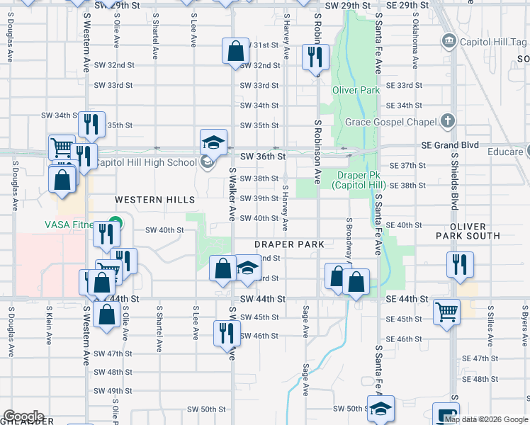 map of restaurants, bars, coffee shops, grocery stores, and more near 320 Southwest 39th Street in Oklahoma City