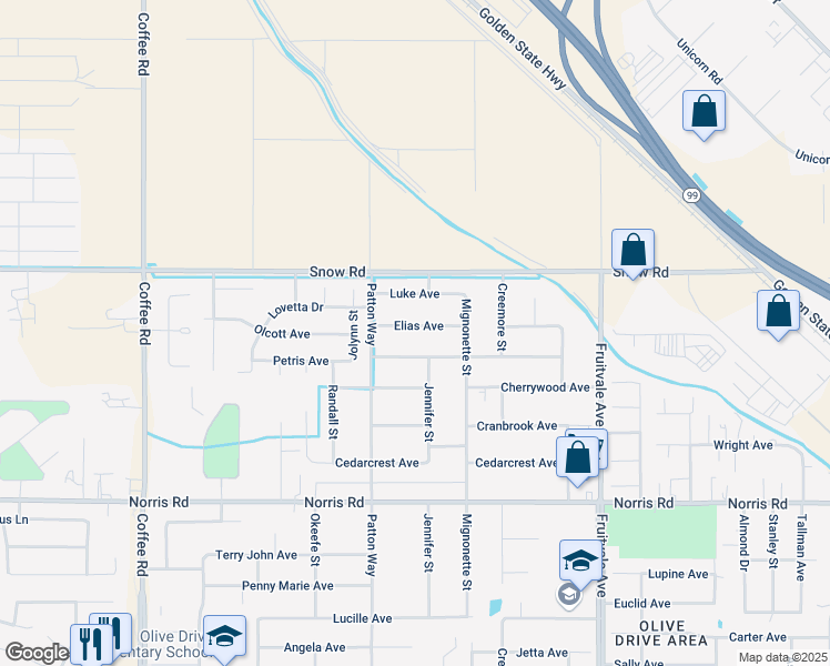 map of restaurants, bars, coffee shops, grocery stores, and more near 7116 Elias Avenue in Bakersfield