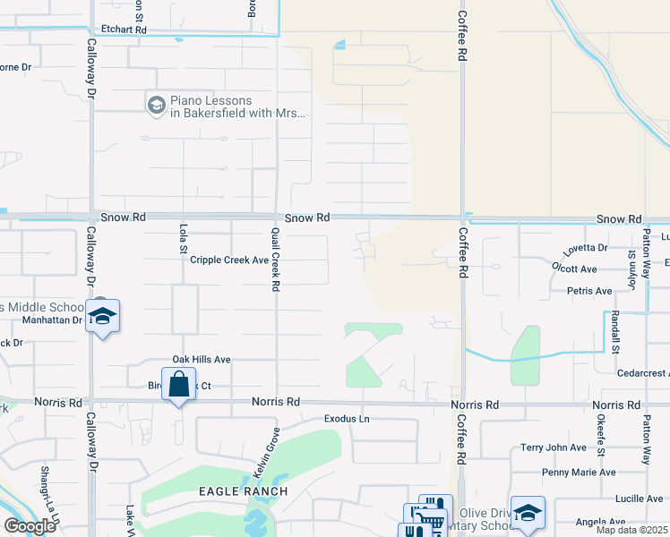 map of restaurants, bars, coffee shops, grocery stores, and more near 7202 Bluetail Lane in Bakersfield