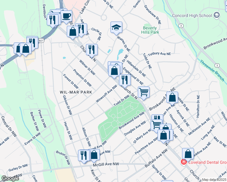 map of restaurants, bars, coffee shops, grocery stores, and more near 584 Wilmar Street Northwest in Concord