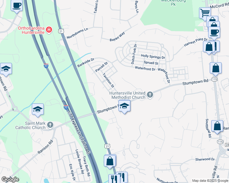 map of restaurants, bars, coffee shops, grocery stores, and more near 9832 Sunriver Road in Huntersville