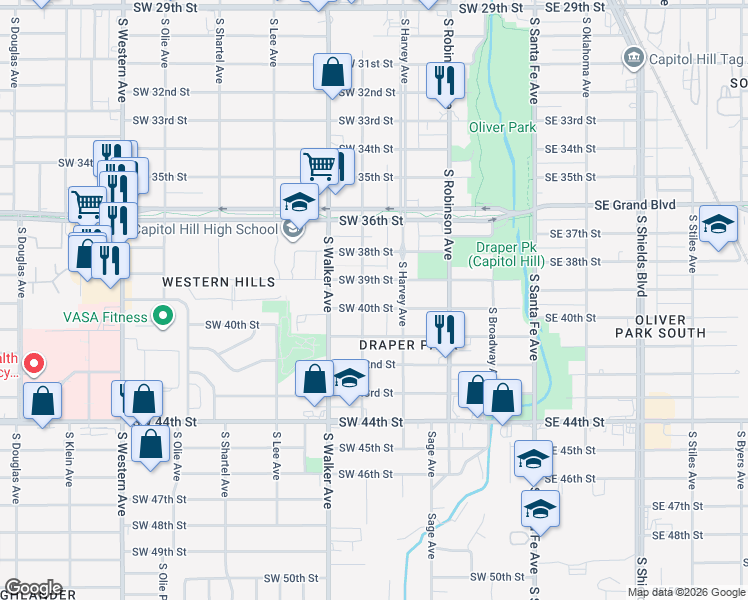 map of restaurants, bars, coffee shops, grocery stores, and more near 320 Southwest 39th Street in Oklahoma City