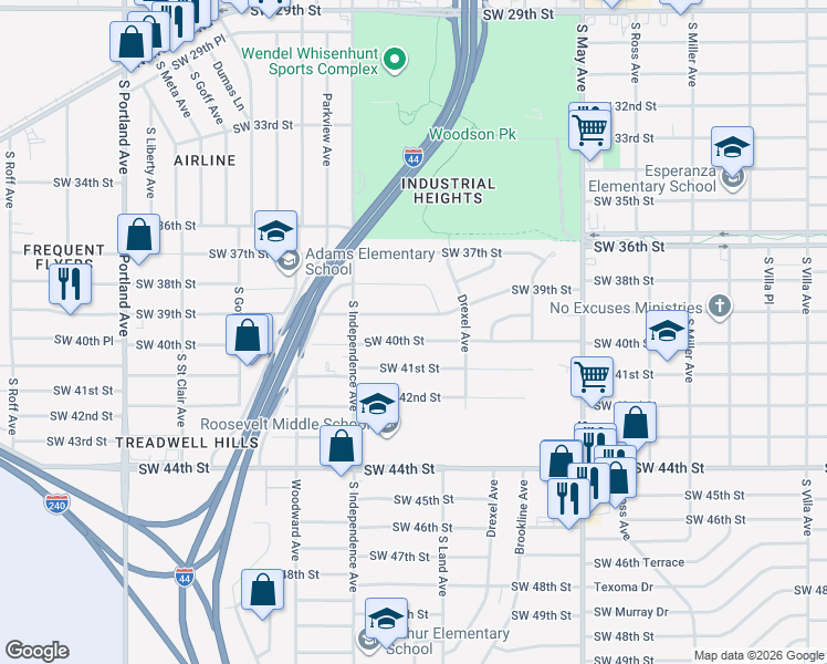 map of restaurants, bars, coffee shops, grocery stores, and more near 3144 Southwest 39th Street in Oklahoma City