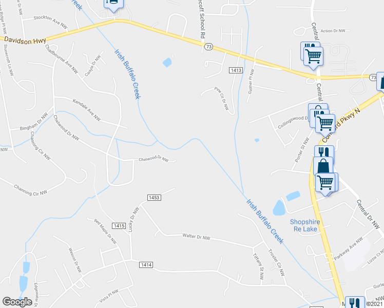 map of restaurants, bars, coffee shops, grocery stores, and more near 3020 Chelwood Drive Northwest in Concord