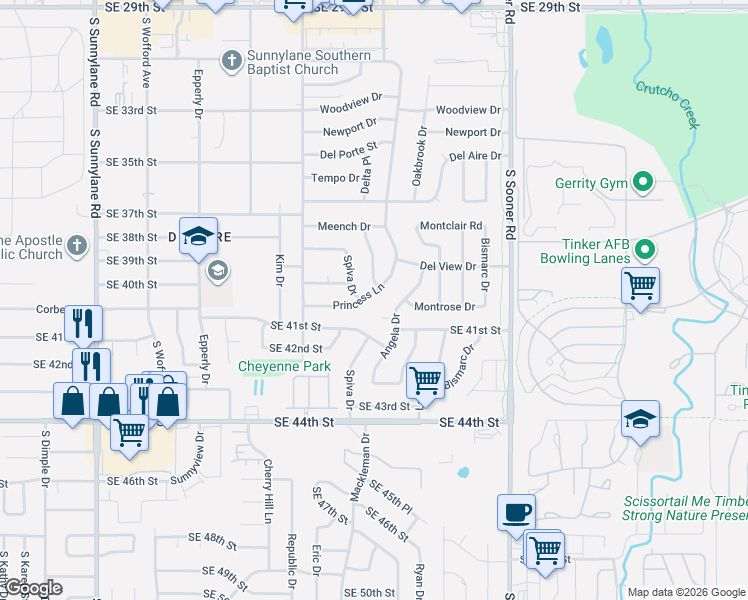 map of restaurants, bars, coffee shops, grocery stores, and more near 3949 Hartline Drive in Del City