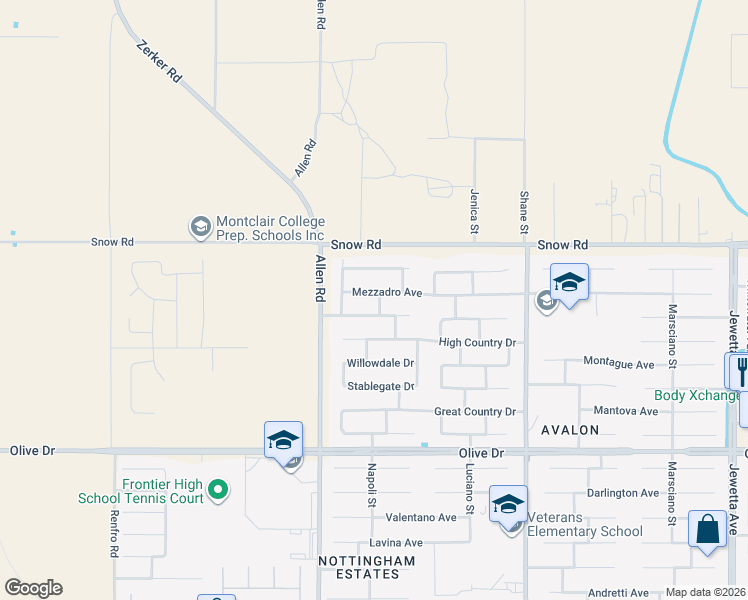 map of restaurants, bars, coffee shops, grocery stores, and more near 12701 Mezzadro Avenue in Bakersfield