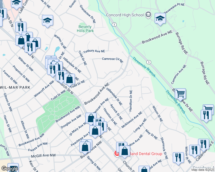 map of restaurants, bars, coffee shops, grocery stores, and more near 130 Brookwood Avenue Northeast in Concord