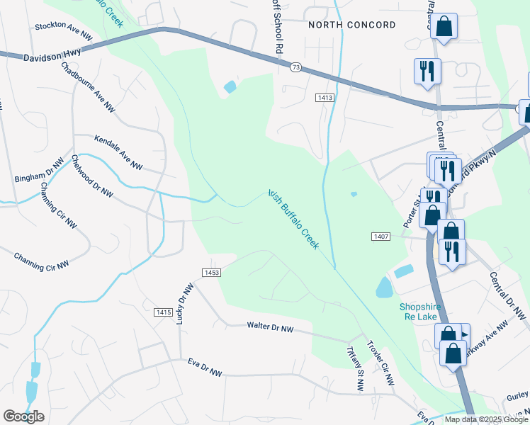 map of restaurants, bars, coffee shops, grocery stores, and more near 3020 Chelwood Drive Northwest in Concord