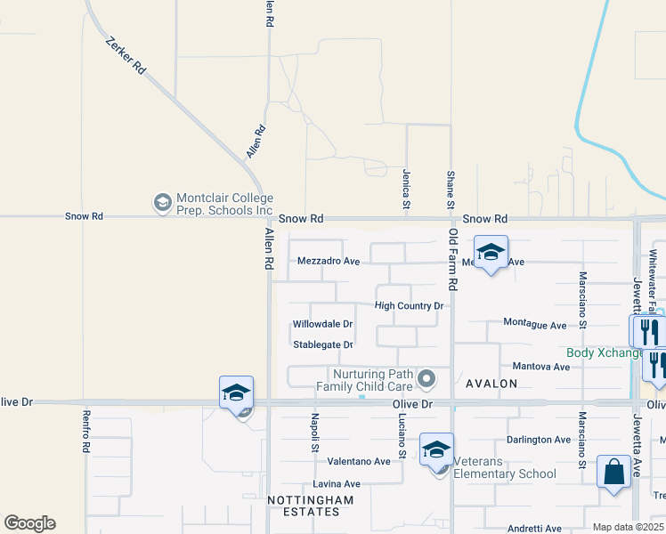 map of restaurants, bars, coffee shops, grocery stores, and more near 12607 Mezzadro Avenue in Bakersfield