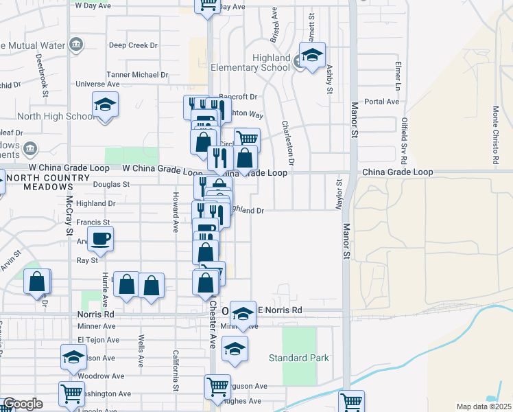 map of restaurants, bars, coffee shops, grocery stores, and more near 2109 Bedford Way in Bakersfield