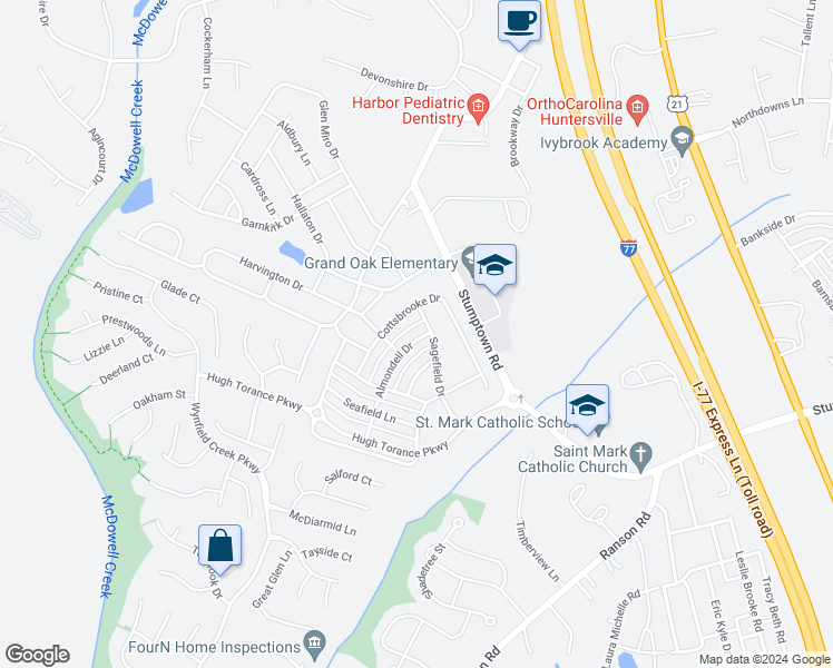 map of restaurants, bars, coffee shops, grocery stores, and more near 14910 Almondell Drive in Huntersville