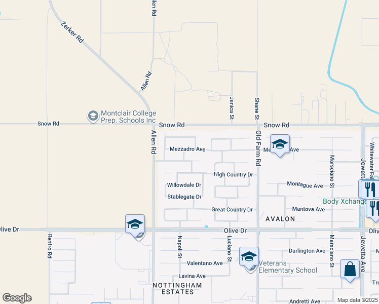 map of restaurants, bars, coffee shops, grocery stores, and more near 12607 Mezzadro Avenue in Bakersfield