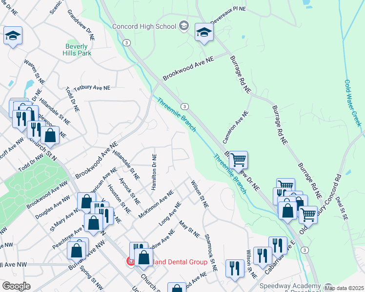 map of restaurants, bars, coffee shops, grocery stores, and more near 1530 Daley Circle Northeast in Concord