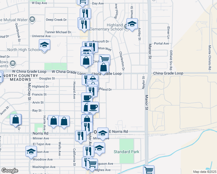 map of restaurants, bars, coffee shops, grocery stores, and more near 2109 Bedford Way in Bakersfield