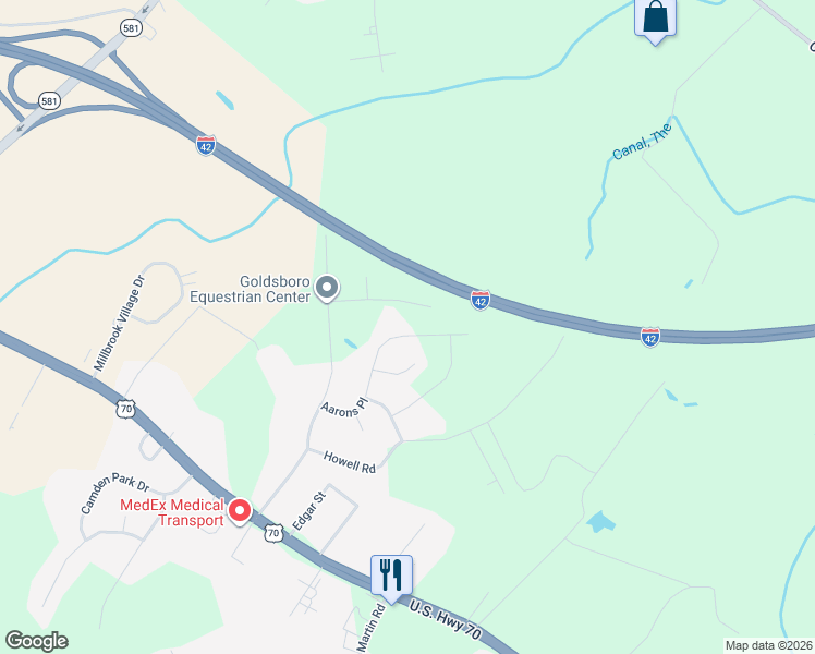 map of restaurants, bars, coffee shops, grocery stores, and more near 208 Stonewood Drive in Goldsboro