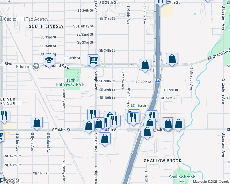 map of restaurants, bars, coffee shops, grocery stores, and more near 3917 South Magnolia Avenue in Oklahoma City